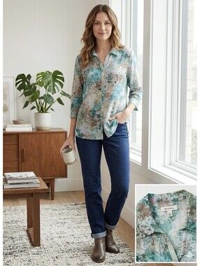 JM Collection Plus 18 Top Floral V-Neck Cotton Coastal Career Resort Cruise Spa